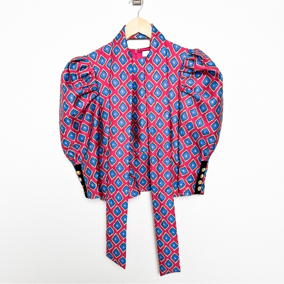 Hunter Bell Presley Top In Ikat Rouge Peplum Ruffle Puff Sleeve size 6 - Picture 2 of 9